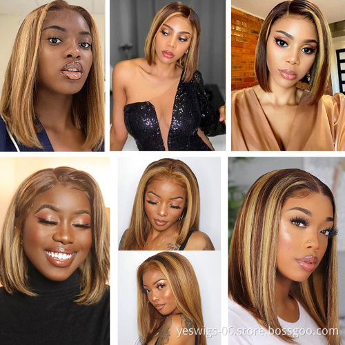 Wholesale Highlight Short Bob Wigs 13X4 HD Lace Front Wigs 100% Human Hair  For Black Women Cheap human hair toupee Baby Hair